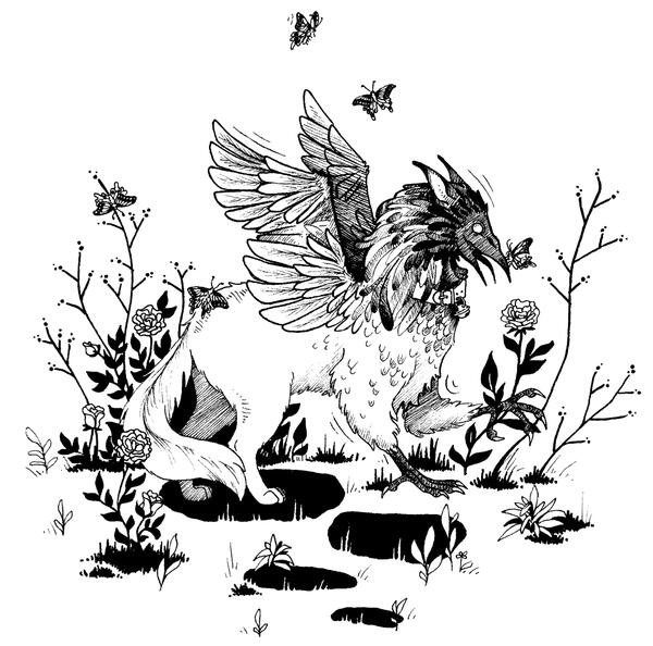 Ink drawing of a small griffin, sourrounded by flowers and butterflies.
