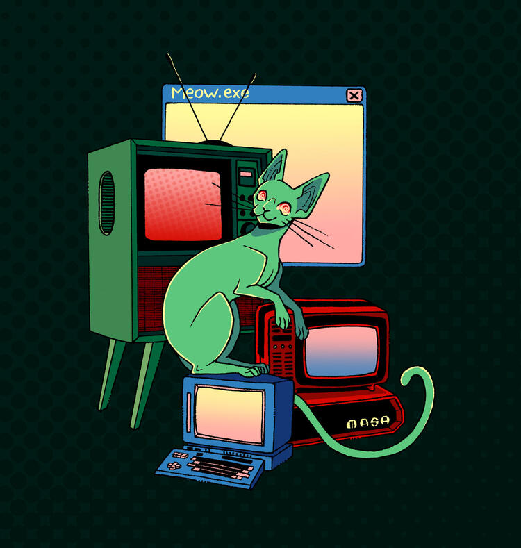 Colorful illustration of a green cat, on a pile of vintage TV's and computers.