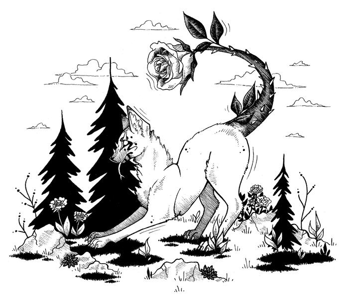 Ink drawing of a canine looking chimera, whose tail is a big rose.