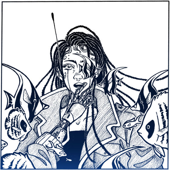 Ink portrait of a robot girl with long box braids. She is surrounded by reef fishes.