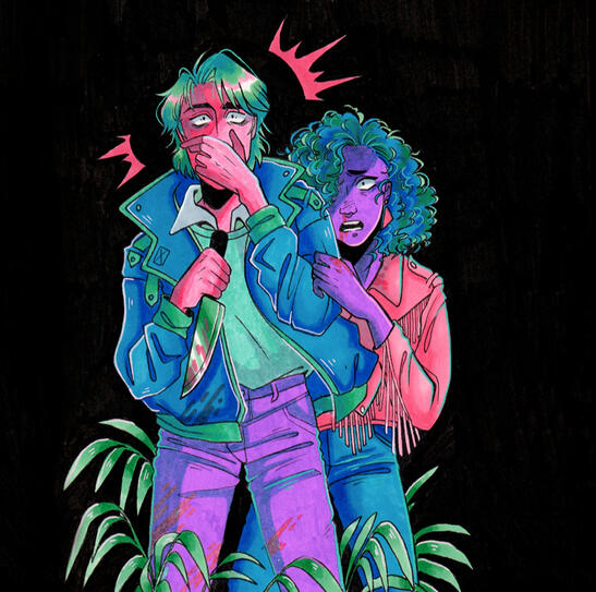 Illustration depicting two scared characters, in neon colors against a black background. The guy holds a knife while the girl hides behind him, holding his arm.