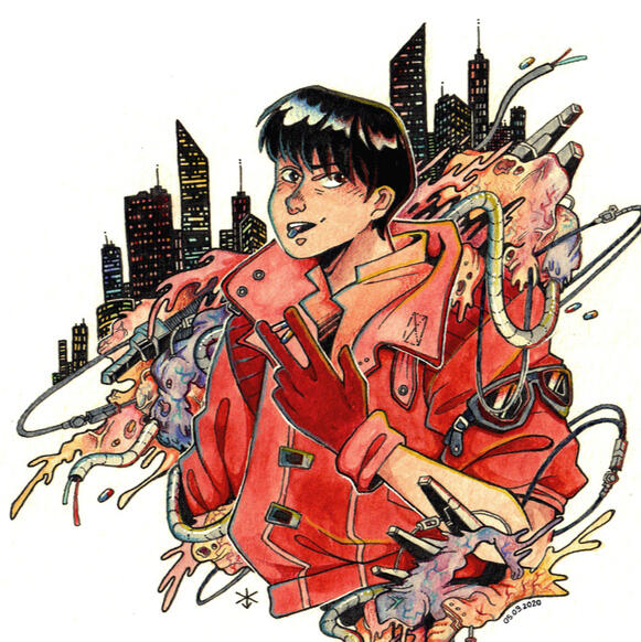 Watercolor and ink portrait of Kaneda, from the manga Akira. He is surrounded by strange organic and robotic shapes, and a skyline can be seen in the background.