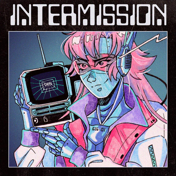 Portrait of a smiling robot girl, in an 80's anime style, in pastel colors. She is holding a small retro computer.
