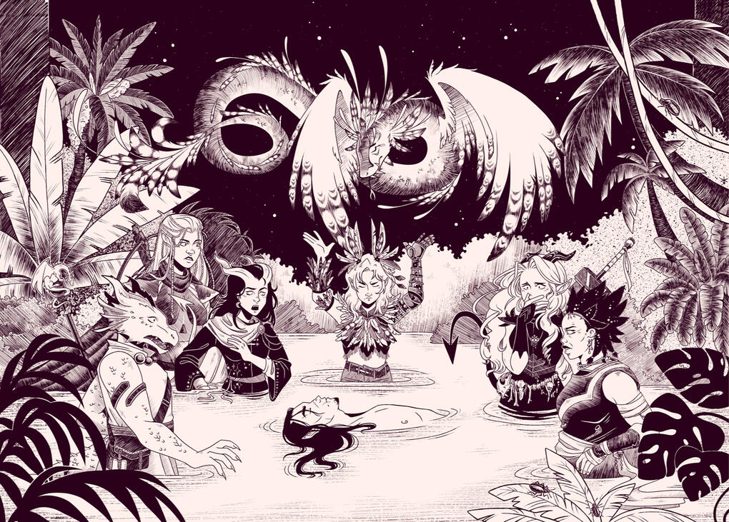 Very detailled ink illustration, in an antique style. It shows fantasy characters gathering in a forest lake to perform a ritual. A snake-like dragon flies over them.