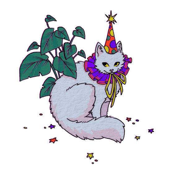 Illustration of a fluffy white cat in front of a plant. It is wearing a little birthday hat, and a ruffled collar.