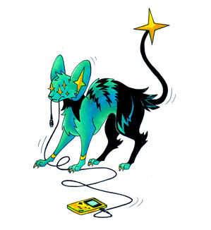 Marker illustration of the pokemon shinx, in a creepycute style that makes it look like it has multiple shiny eyes. It is holding the cable of a yellow gameboy in its mouth.